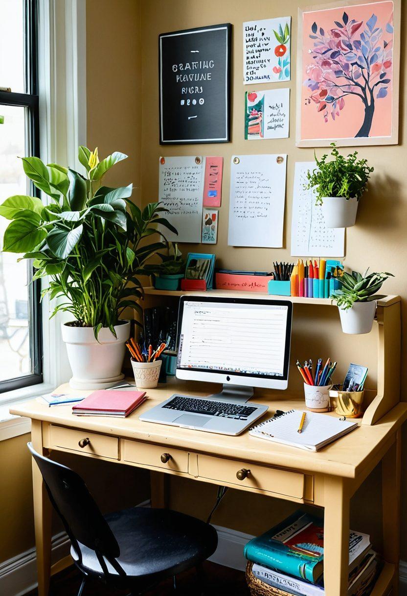 A whimsical desk overflowing with colorful notebooks, fountain pens, and art supplies, surrounded by blooming plants and motivational quotes on the wall. A laptop displays an open blog page titled 'Creative Writing Essentials.' Natural sunlight filters through a window, casting warm light on the scene. A cozy atmosphere that inspires creativity. vibrant colors, super-realistic.