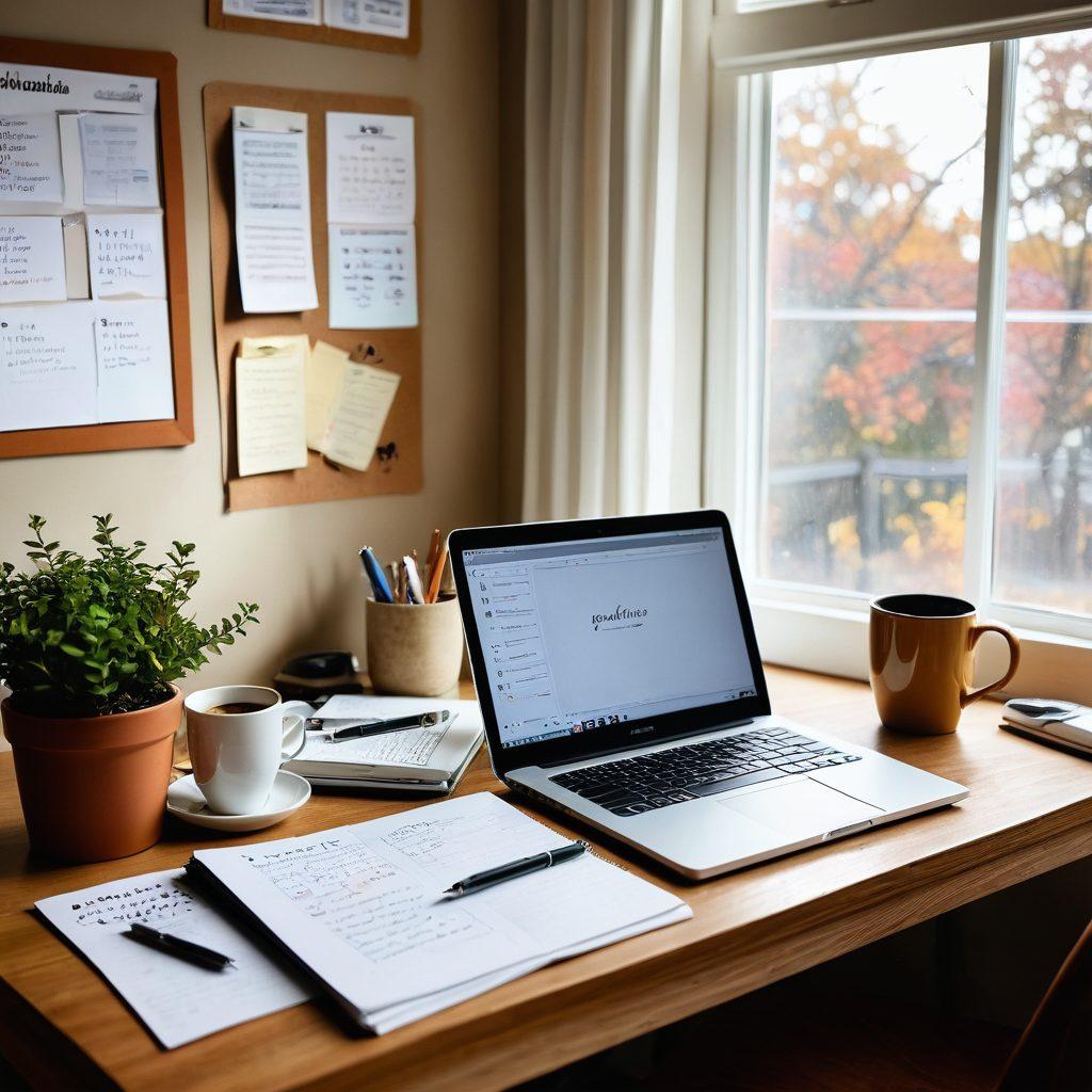 A creative workspace scene featuring an open notebook filled with handwritten notes, a steaming cup of coffee, and a laptop displaying a vibrant blog layout. Surrounding the desk, inspirational quotes and lifestyle images pinned on a corkboard, symbolizing the journey from ideas to narratives. Soft, natural light filtering in through a window, casting gentle shadows. artistic style, warm tones, cozy atmosphere.