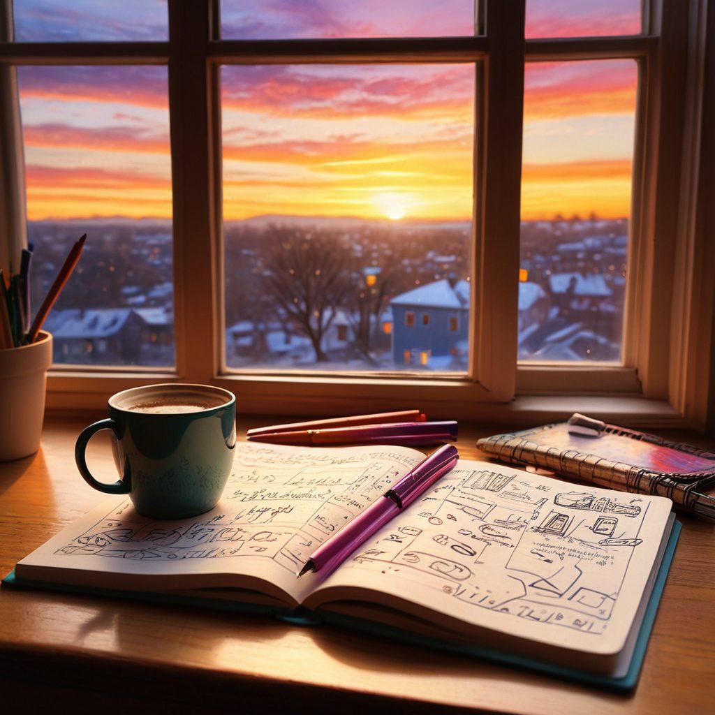 An open notebook surrounded by colorful pens, with vibrant doodles and handwritten notes spilling out, symbolizing creativity and storytelling. Include a cup of steaming coffee beside it, and a serene window view showing a gentle sunrise. The scene should evoke a sense of inspiration and warmth, making the viewer feel as if they are about to begin their own creative journey. super-realistic. vibrant colors. soft lighting.